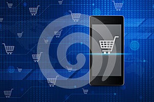 Shopping cart icon on modern smart phone screen over digital wor