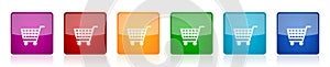 Shopping cart icon set, colorful square glossy vector illustrations in 6 options for web design and mobile applications