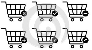 Shopping cart icons set, Supermarket trolley symbol for E-Commerce, Simple flat outline design isolated on white background,