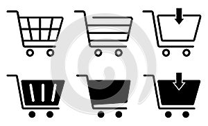 Shopping cart icons set, Supermarket trolley symbol for E-Commerce, Simple flat outline and silhouette design isolated on white