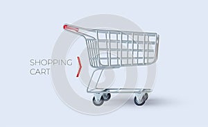 Shopping cart isolated on white background. Silver cart with red handle. Vector illustration. Realistic cart of side view empty