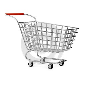 Shopping cart isolated on white. Large metal basket for food on wheels.