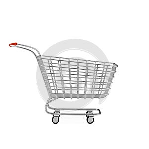 Shopping cart isolated on white. Large metal basket for food on wheels.