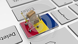 Shopping cart on the keyboard key with flag of Romania. Looping ecommerce related 3d animation