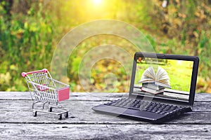 Shopping cart and laptop with books on the screen on the old wooden table at the nature background. Back to school, education.