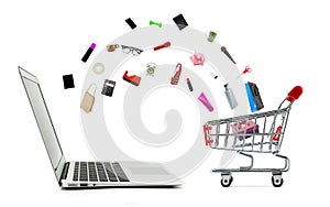 Shopping cart and laptop computer with products isolated