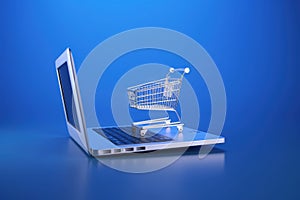Shopping cart and laptop, online stores concept, blue background. Generative AI