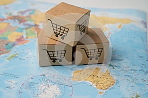 Shopping cart logo on box on Australia world globe map background. Banking Account, Investment Analytic research data economy,