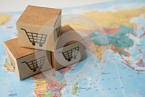 Shopping cart logo on box on world globe map background. Banking Account, Investment Analytic research data economy, trading,