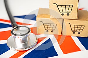 Shopping cart logo with United Kingdom flag, Shopping online Import Export eCommerce finance business concept