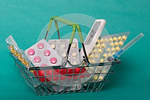 Shopping cart with medicines. Small medicine trolley with medicine