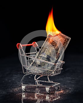 Shopping cart with money on fire and burning. Concept showing desperation due to the increased cost of living and budgeting due to