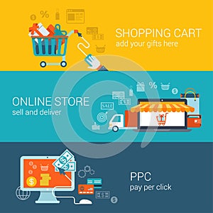 Shopping cart, online store, pay per click flat style concept