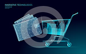 Shopping cart and online wallet low poly design 3D. Online shop trade market technology. Buy now template. Mobile app