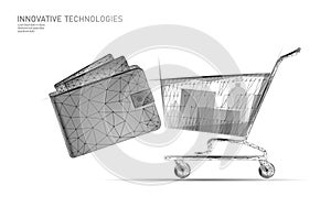 Shopping cart and online wallet low poly design 3D. Online shop trade market technology. Buy now template. Mobile app