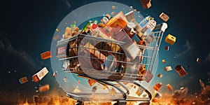 Shopping cart overflowing with discounted items, concept of Retail therapy