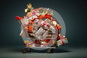 Shopping Cart Overflowing With Numerous Gifts for a Joyful Celebration, A shopping cart filled to the brim with beautifully