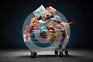 A shopping cart overflowing with numerous presents, all beautifully wrapped and ready for gifting, Overflowing cart with presents
