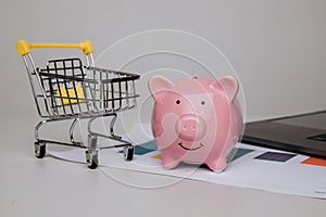 Shopping cart with piggy bank and laptop close-up on a grey background. Online shopping, purchase and business concept