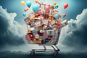 A shopping cart piled high with presents and colorful balloons, perfect for birthdays, anniversaries, or any joyous event,