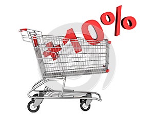 Shopping cart with plus 10 percent sign isolated on white