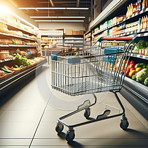 Shopping Cart Poised at the Start of a Grocery Store Aisle Full of Products, supermarket