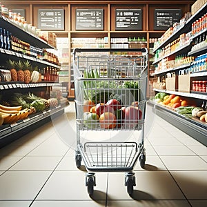 Shopping Cart Poised at the Start of a Grocery Store Aisle Full of Products, supermarket