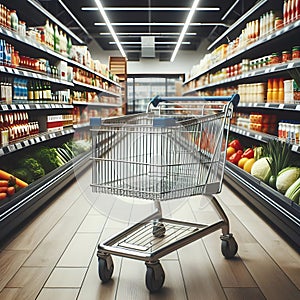 Shopping Cart Poised at the Start of a Grocery Store Aisle Full of Products, supermarket