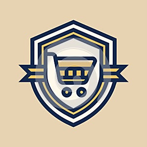 Shopping cart positioned centrally on a shield emblem, A minimalistic emblem for an online retailer, minimalist simple modern
