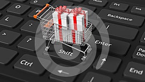 Shopping Cart with present on keyboard