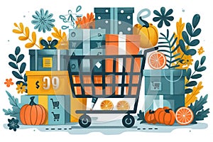 Shopping cart with presents and pumpkins on white background for Halloween and holiday shopping.