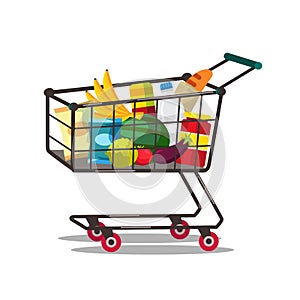 Shopping cart with products vector illustration isolated on white background