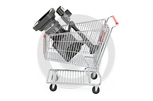 Shopping cart with professional video camera. 3D rendering