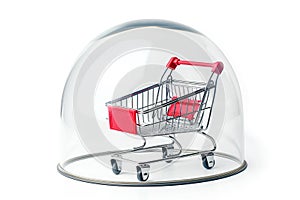 Shopping cart protected under glass dome on white background. Concept of consumer protection.