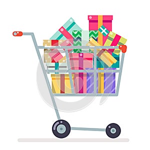 Shopping cart purchase gift flat design character vector illustration