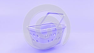 Shopping cart on purple background, 3d render. Empty supermarket basket, customers equipment for purchasing in retail or