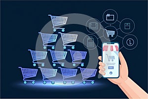 Shopping Cart Pyramid with Hand Presenting Digital Retail and E-Commerce Symbols photo