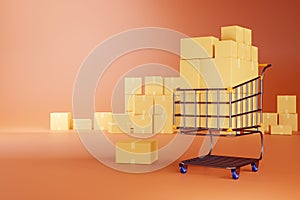 shopping cart, realistic or cartoon 3D illustrations with parcel boxes, online marketing, supermarket Department store, retail
