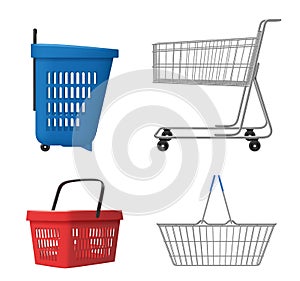 Shopping cart realistic. Grocery bag for retail product decent vector illustrations template