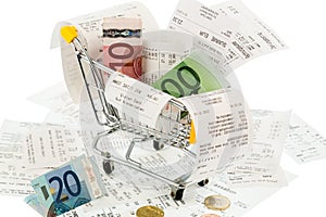 Shopping cart, receipts and money