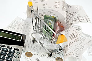 Shopping cart, receipts and money photo