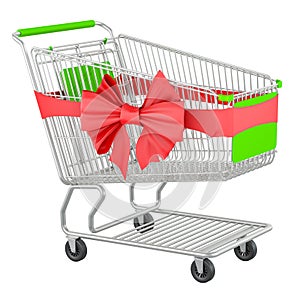 Shopping cart with red bow and ribbon, 3D rendering