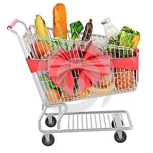 Shopping cart with red bow and ribbon full of grocery products, fruits and vegetables. 3D rendering