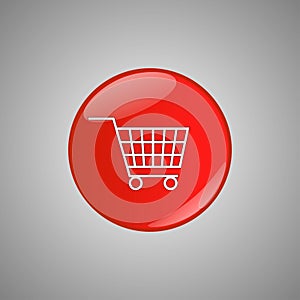 Shopping cart red button isolated on gray background.