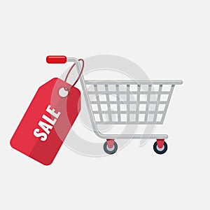 Shopping cart with red price tag. Flat color