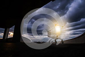 A shopping cart on a rooftop car park