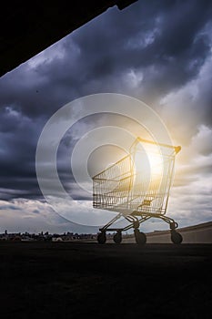 A shopping cart on a rooftop car park