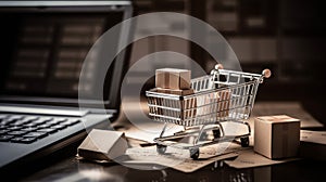 Shopping cart with the shipment boxes, laptop in the background, E-commerce business concept
