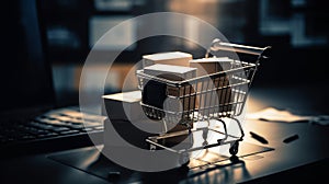Shopping cart with the shipment boxes, laptop in the background, E-commerce business concept