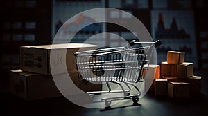 Shopping cart with the shipment boxes, laptop in the background, E-commerce business concept